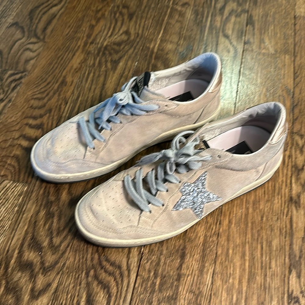 Golden Goose Ball Star Sneakers Taupe Suede w/ Silver Glitter sz 39